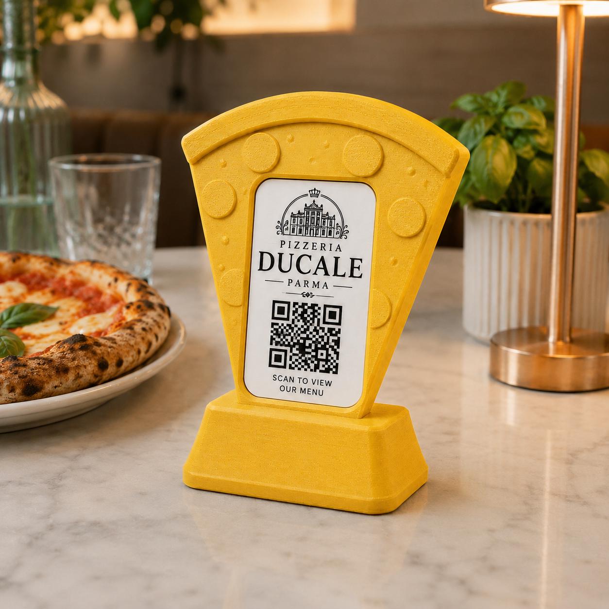Porta Menu QR Code pizza Personalizzato, Espositore 3D per Tavoli Ristorante e Bar, Segnatavolo con Incisione Logo, Supporto Moderno
