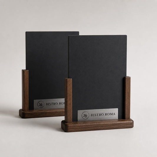 Porta Menu da Tavolo Personalizzato, Espositore 3D Legno Lavagnetta per Ristorante e Bar, Segnatavolo con Incisione Logo Supporto rustico A4