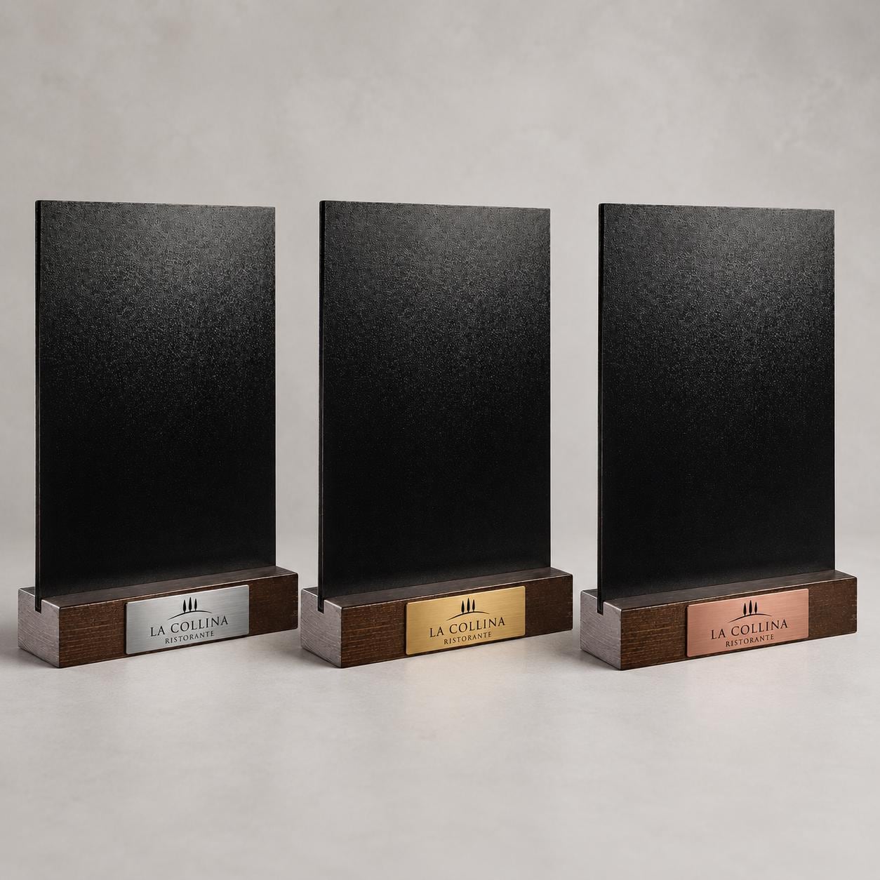 Set 10 pezzi Lavagna da banco con etichetta oro formato a4 a5 a6 Personalizzata, Espositore 3D Legno Scuro Segnatavolo Logo Ristorante Bar
