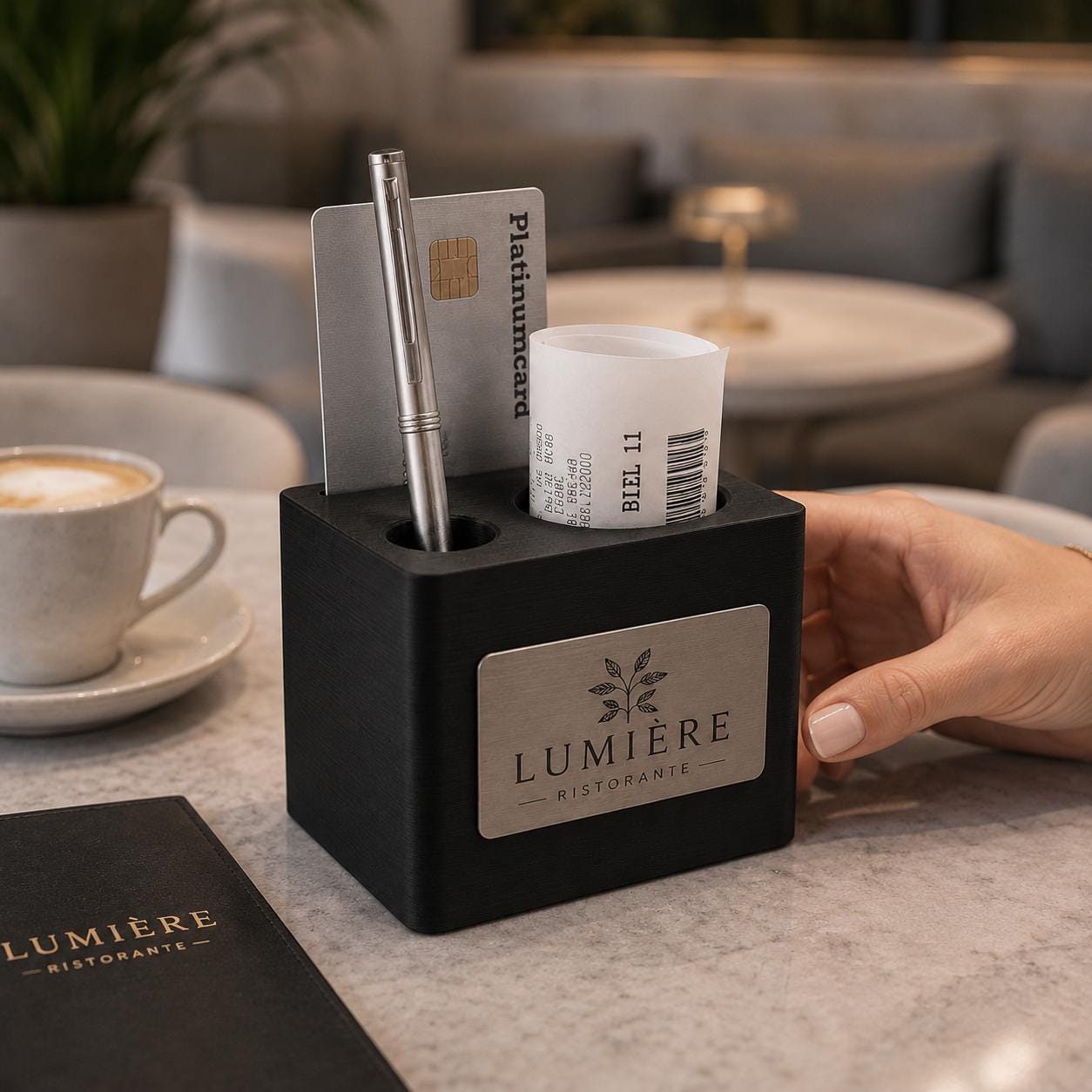 Portaconto Cube compatto stampato in 3D per ristorante con logo personalizzato