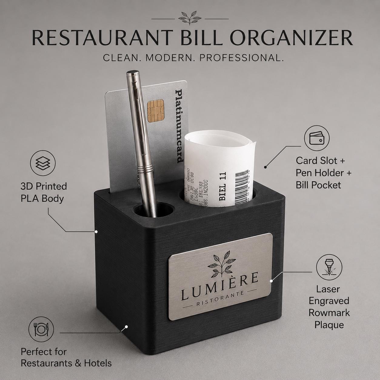 Portaconto Cube compatto stampato in 3D per ristorante con logo personalizzato