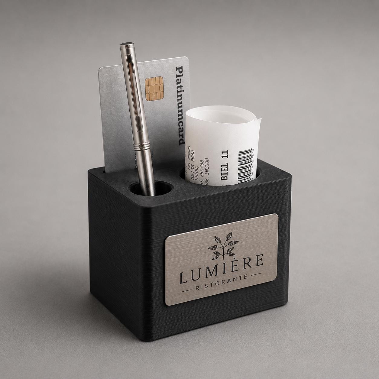 Portaconto Cube compatto stampato in 3D per ristorante con logo personalizzato