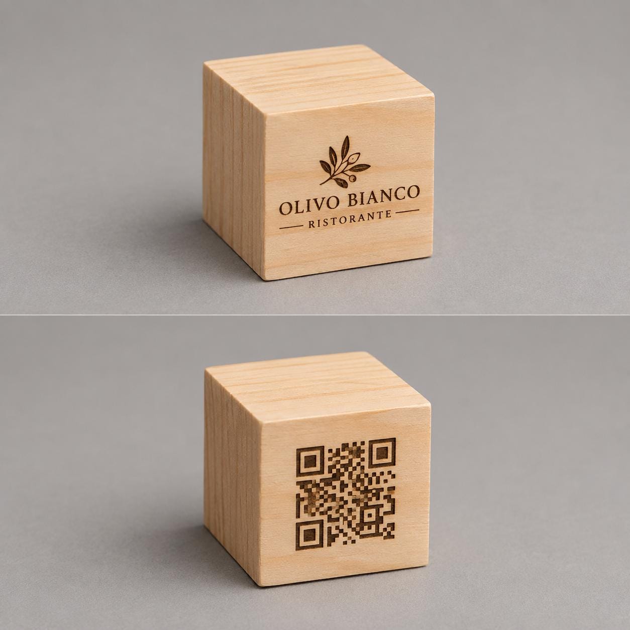 Cubo in legno naturale con logo inciso al laser