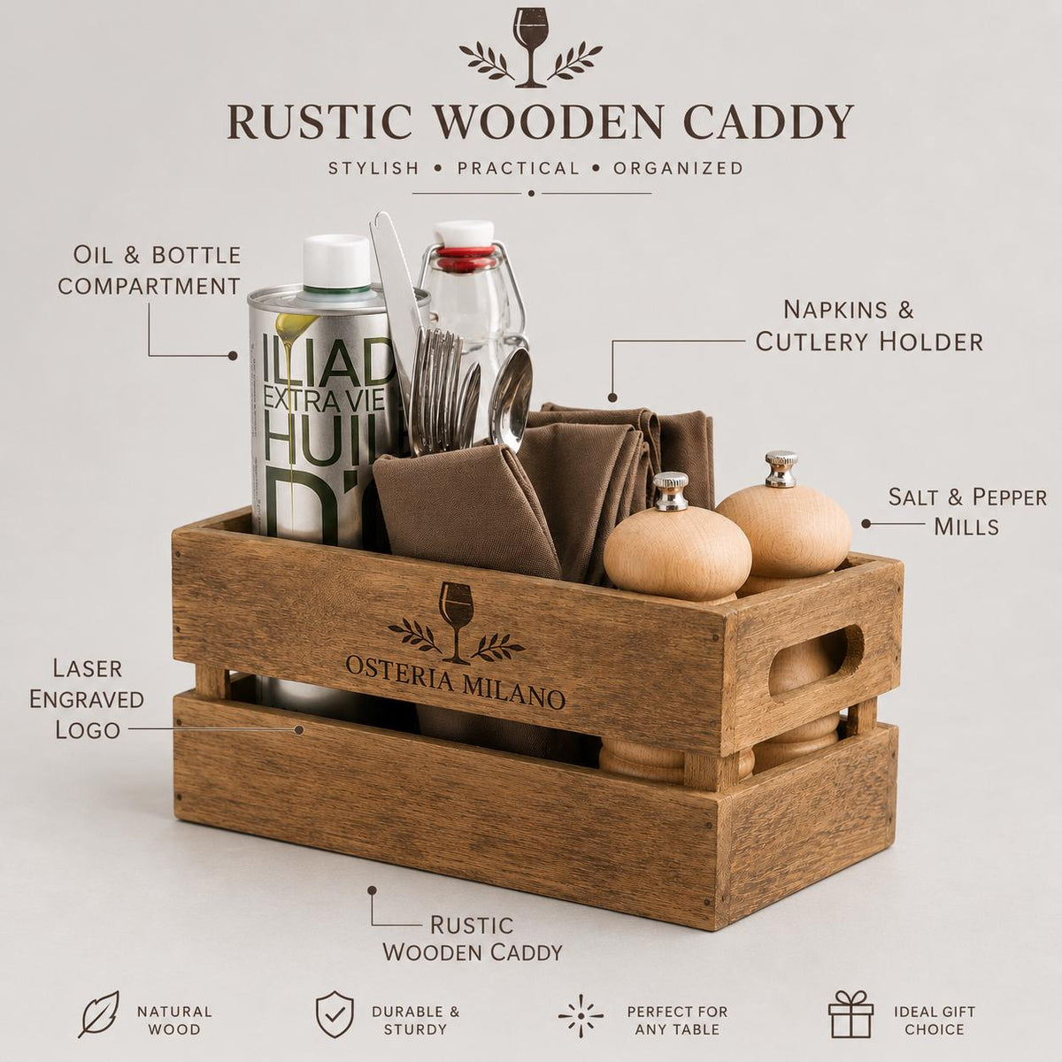 cassa in legno vintage da tavolo – 12,7 x 24,1 cm Storage box porta condimenti Organizer porta utensili e posate