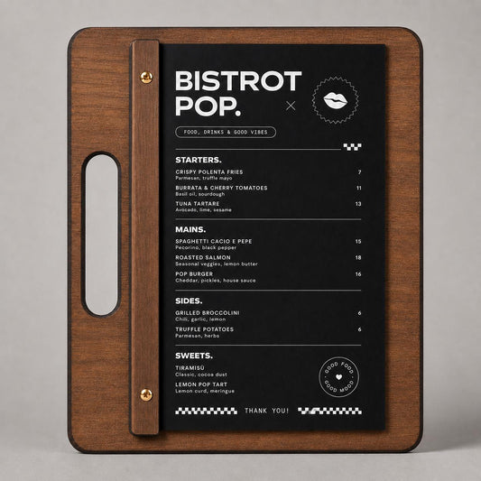 Portamenu in Legno di pioppo noce, Tavoletta con Maniglia per Ristorante e Bar, Clipboard con Listello e Viti, Accessori Tavola