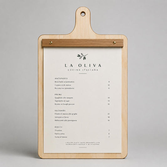 Portamenu A4 e A5 in legno a forma di tagliere personalizzato