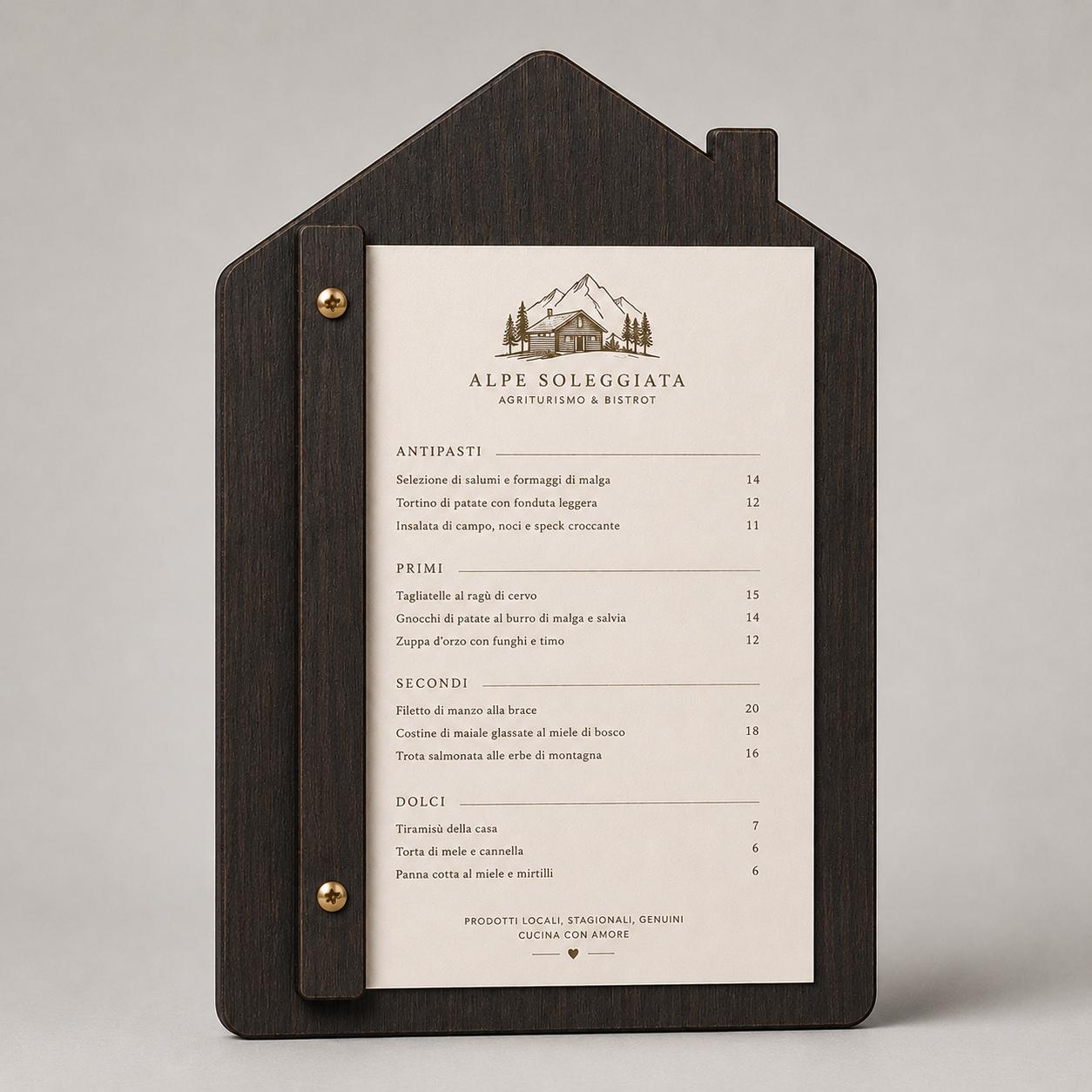 Portamenu in Legno a Forma di casa noce Formato A4, Tavoletta per Ristorante Pizzeria e Trattoria, Clipboard Personalizzata Incisione Logo