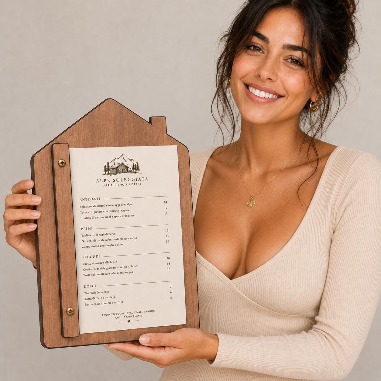 Portamenu in Legno a Forma di casa noce Formato A4, Tavoletta per Ristorante Pizzeria e Trattoria, Clipboard Personalizzata Incisione Logo