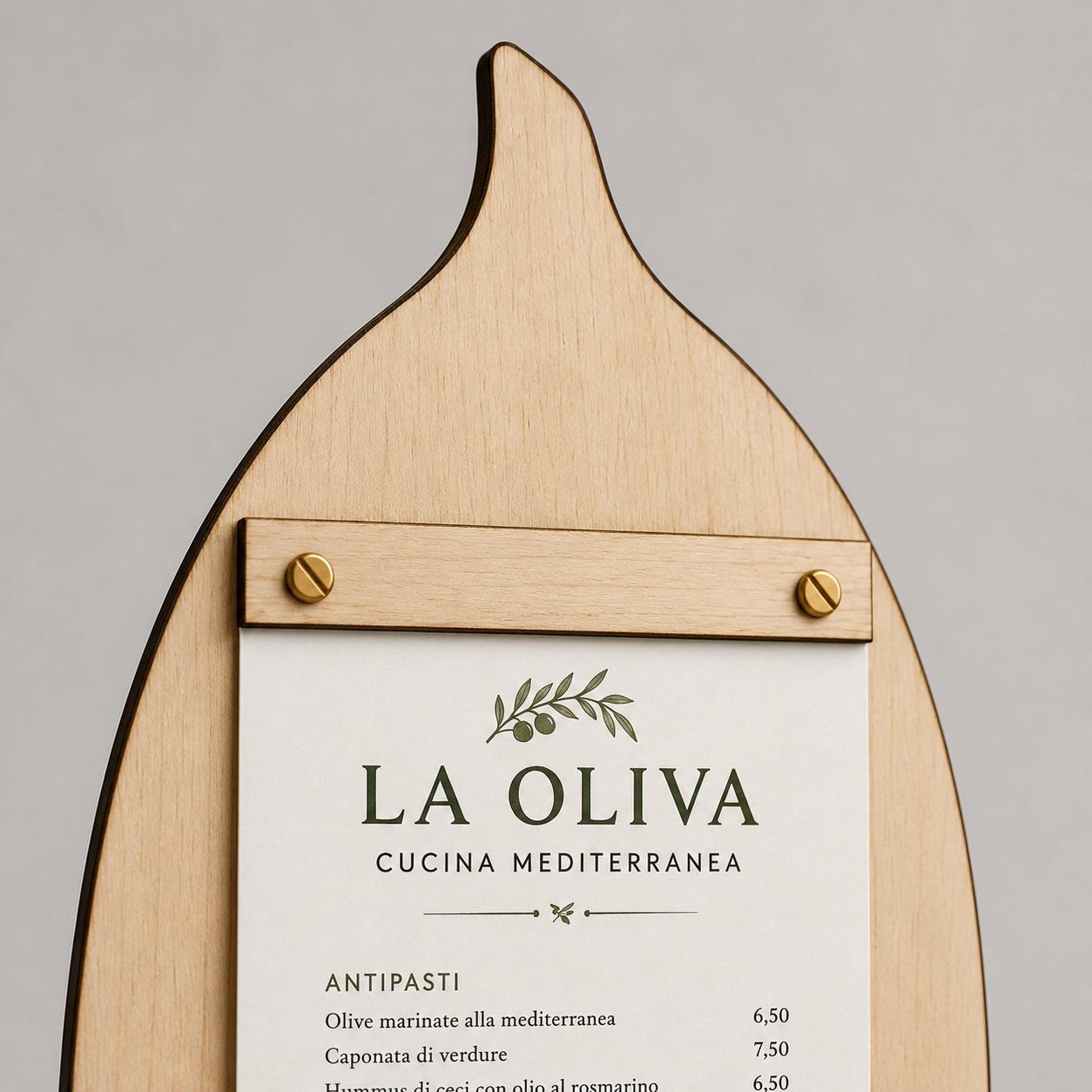 Portamenu in Legno a Forma di foglia di oliva noce scuro, Tavoletta per Ristorante mediterraneo, Clipboard Personalizzata Incisione Logo