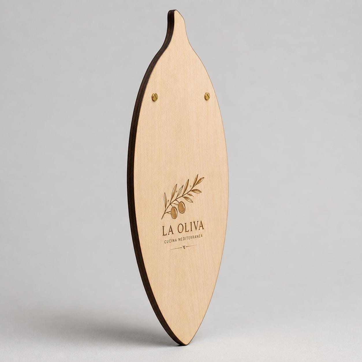 Portamenu in Legno a Forma di foglia di oliva ebano, Tavoletta per Ristorante mediterraneo, Clipboard Personalizzata Incisione Logo