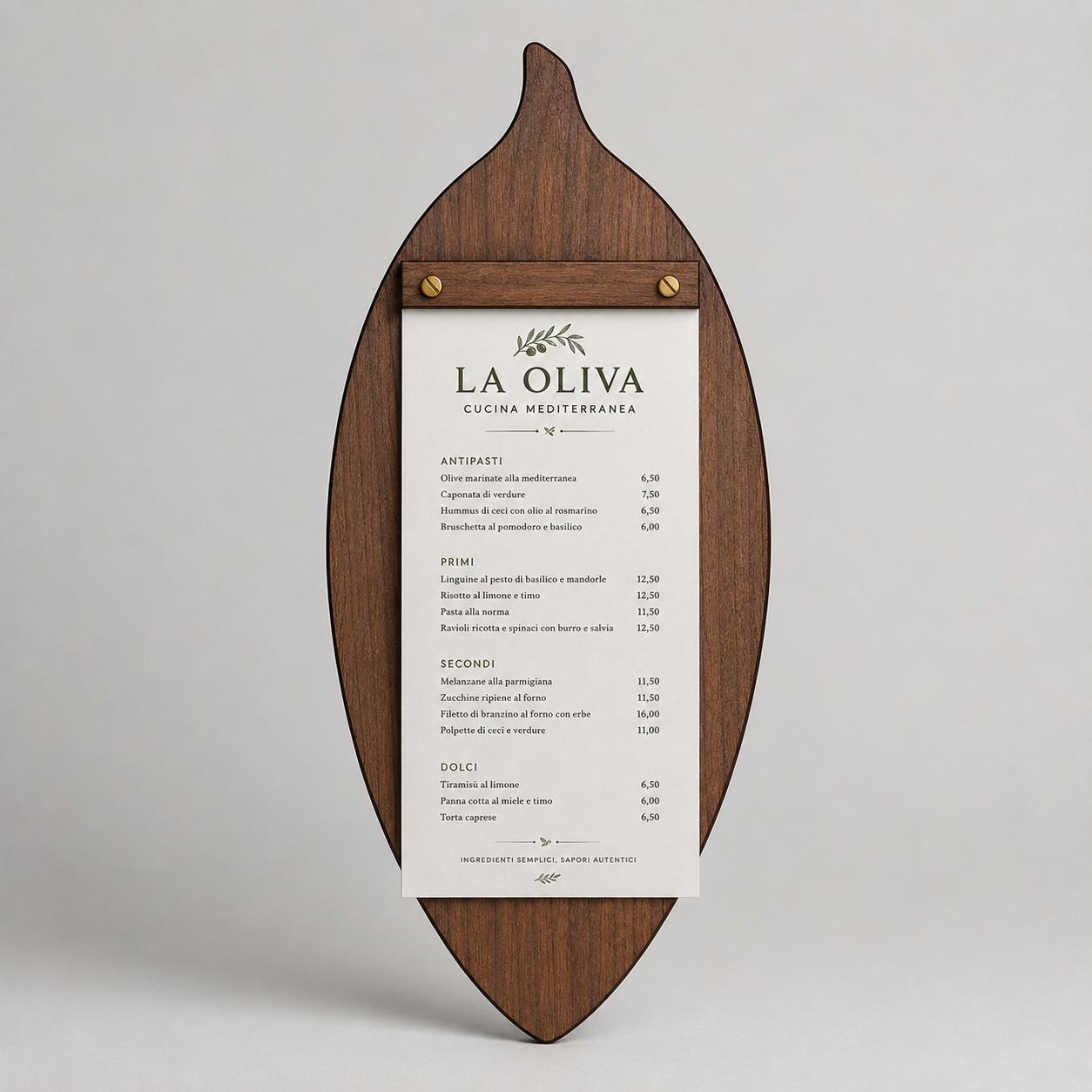 Portamenu in Legno a Forma di foglia di oliva ebano, Tavoletta per Ristorante mediterraneo, Clipboard Personalizzata Incisione Logo