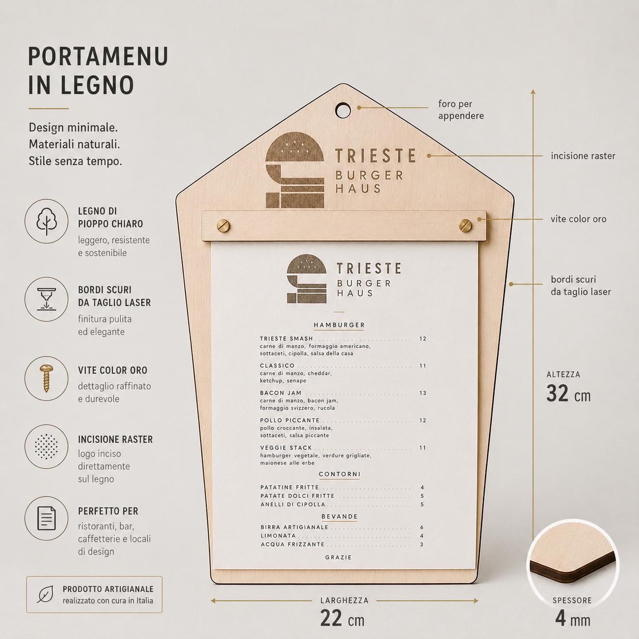 Portamenu in Legno pentagonale moderno ebano , Tavoletta per Ristorante mediterraneo, Clipboard Personalizzata Incisione Logo
