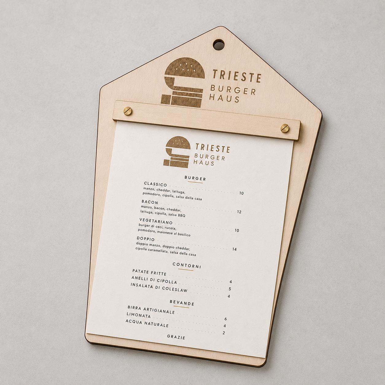 Portamenu in Legno pentagonale moderno ebano , Tavoletta per Ristorante mediterraneo, Clipboard Personalizzata Incisione Logo