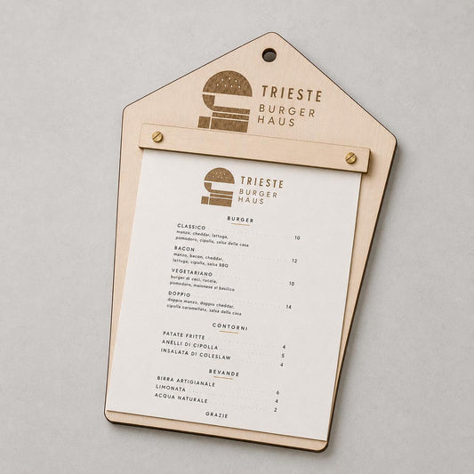 Portamenu in Legno pentagonale , Tavoletta per Ristorante mediterraneo, Clipboard Personalizzata Incisione Logo