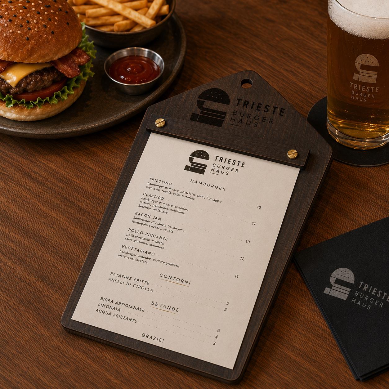 Portamenu in Legno pentagonale , Tavoletta per Ristorante mediterraneo, Clipboard Personalizzata Incisione Logo