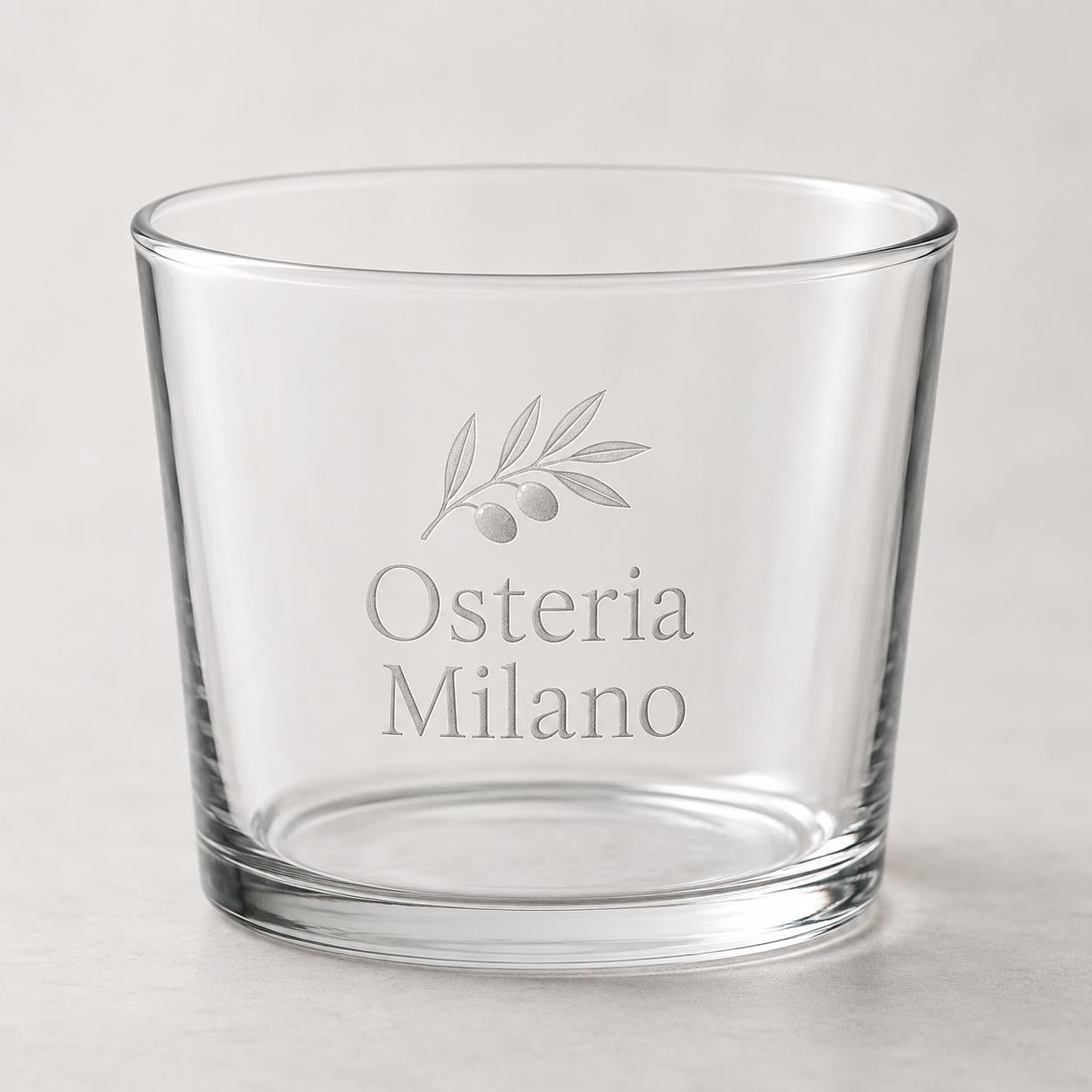 Set 12 Bicchieri Bassi Personalizzati Incisione Logo, Tumbler Mini 22,5 cl per Osteria Ristorante Bar, Bicchieri dVino e Acqua Incisi Laser