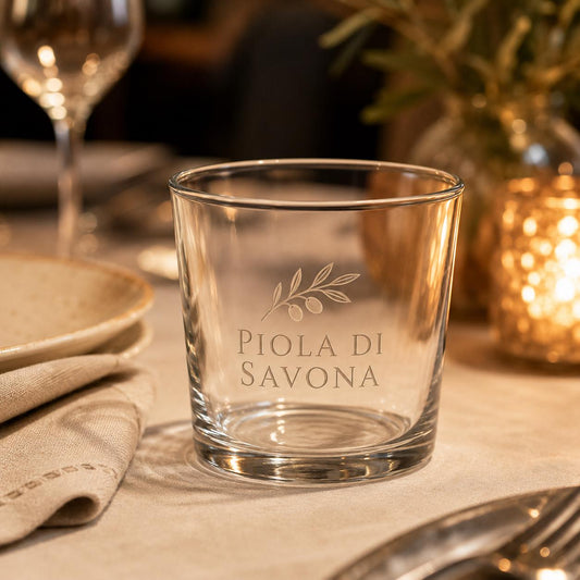 Set 12 Bicchieri Bassi Personalizzati Incisione Logo, Tumbler Mini 22,5 cl per Osteria Ristorante Bar, Bicchieri dVino e Acqua Incisi Laser