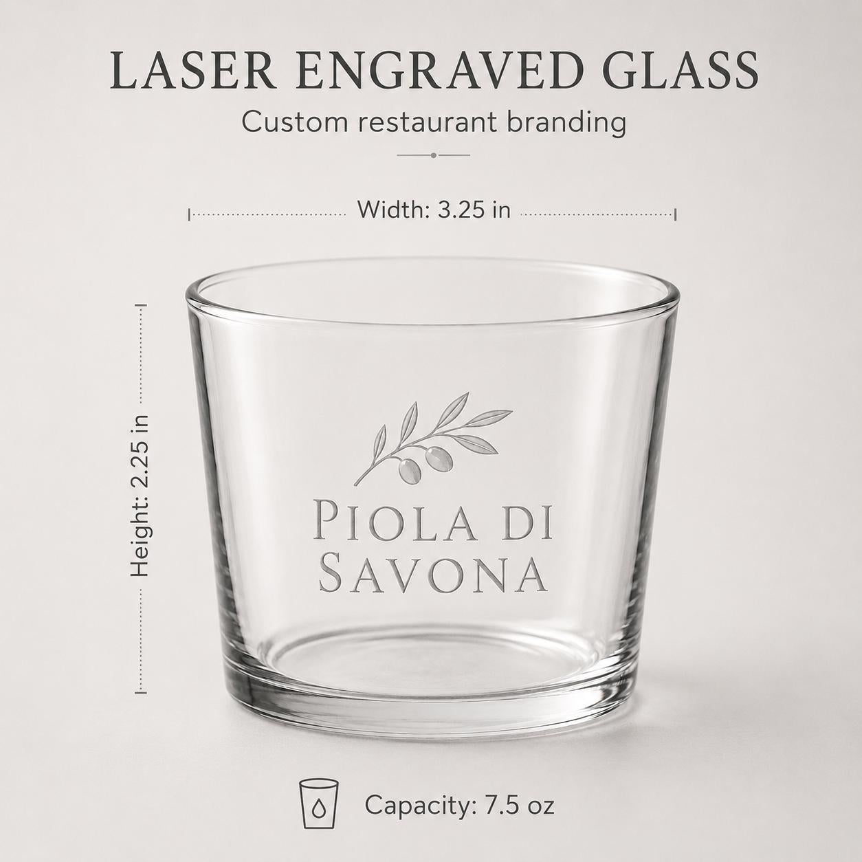 Set 12 Bicchieri Bassi Personalizzati Incisione Logo, Tumbler Mini 22,5 cl per Osteria Ristorante Bar, Bicchieri dVino e Acqua Incisi Laser