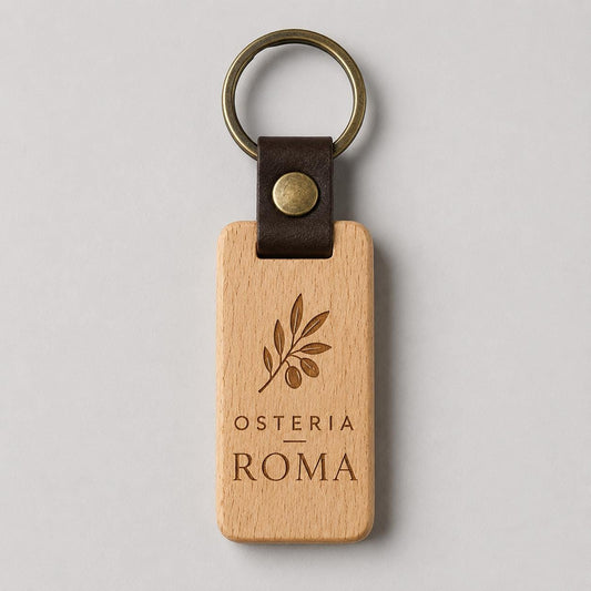 Set 30 Portachiavi in Legno di Faggio e Pelle Personalizzati, Ciondolo Chiavi per B&B Hotel Agriturismo, Portachiavi Incisi a Laser con Logo