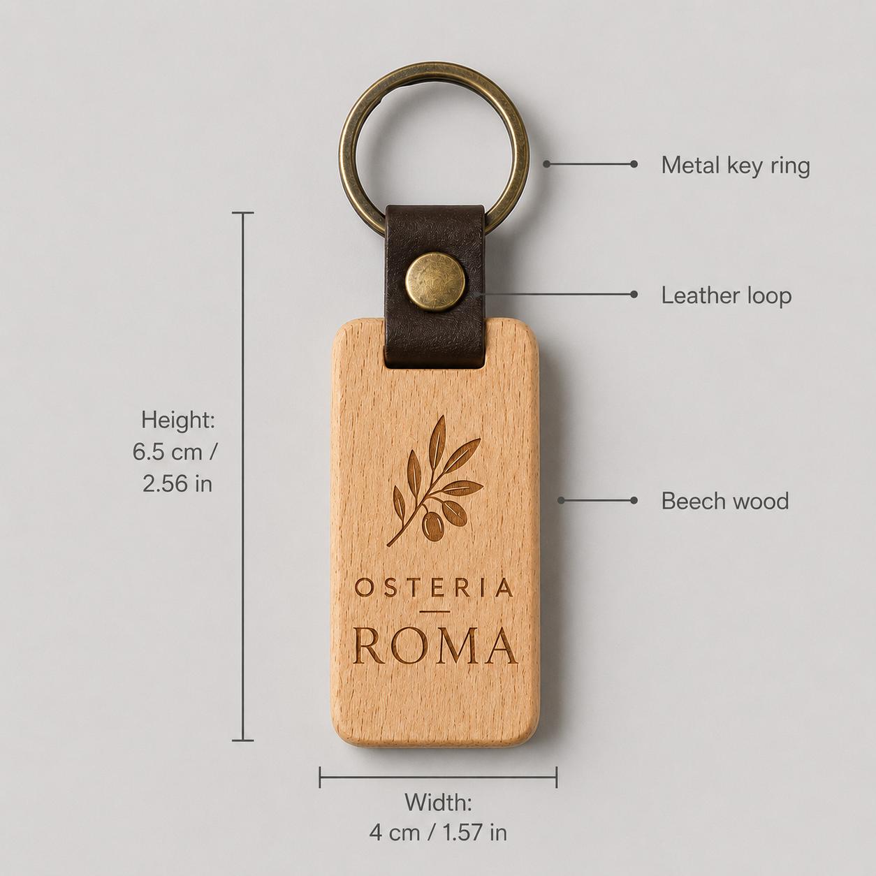 Set 30 Portachiavi in Legno di Faggio e Pelle Personalizzati, Ciondolo Chiavi per B&B Hotel Agriturismo, Portachiavi Incisi a Laser con Logo