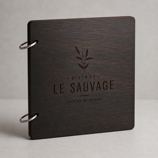 Portamenu in Legno Quadrato noce 22x22 cm Personalizzato, Cartellina a Libro con Anelli per Ristorante e Bar, Copertina Menu con Incisione