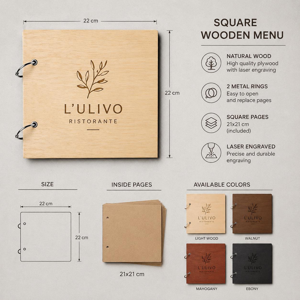 Portamenu in Legno Quadrato mogano 22x22 cm Personalizzato, Cartellina a Libro con Anelli per Ristorante e Bar, Copertina Menu con Incisione