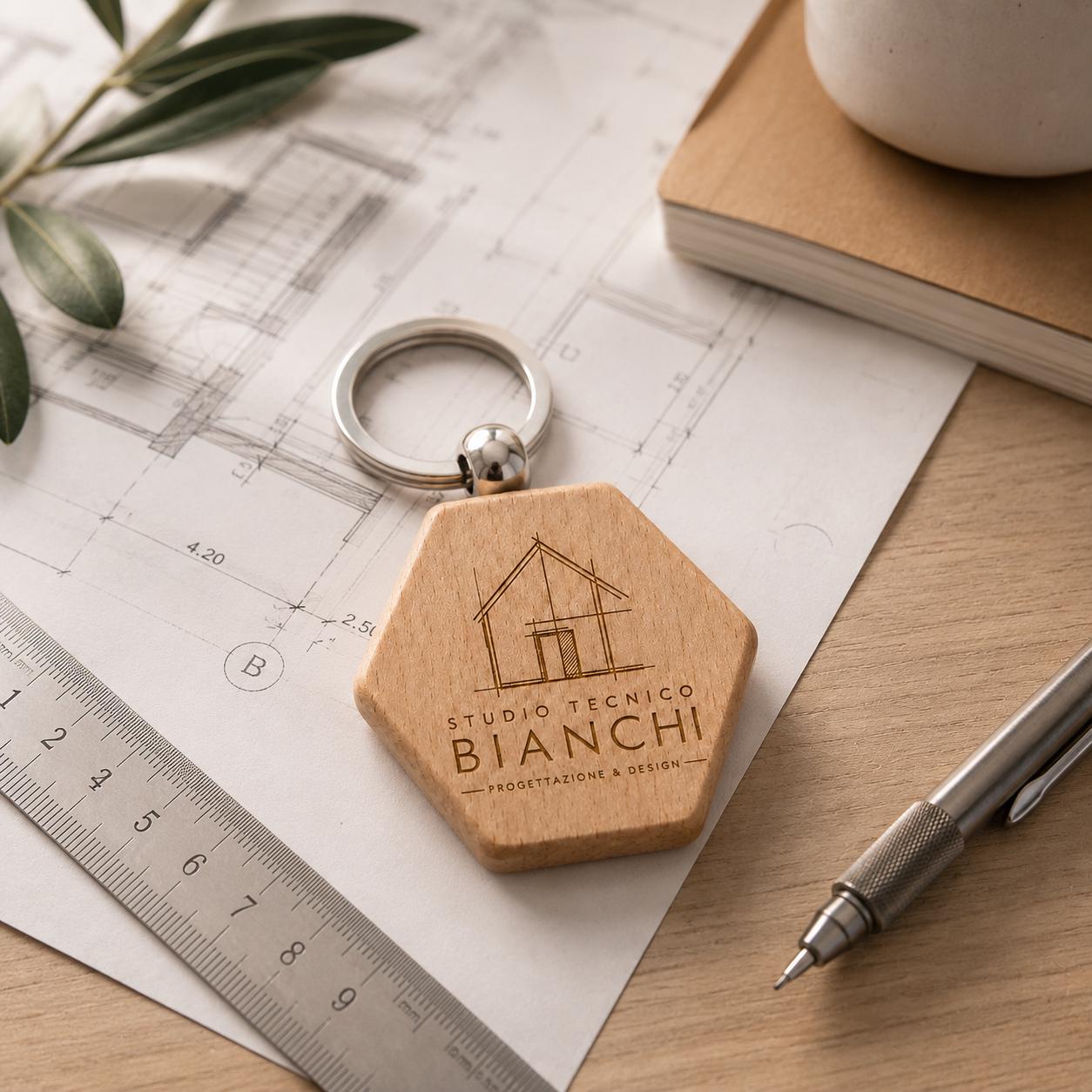 25 Pezzi Portachiavi in Legno Esagonale Personalizzato con Logo, Ciondolo Chiavi per Studio Tecnico Architetto e Geometra, Gadget Aziendale