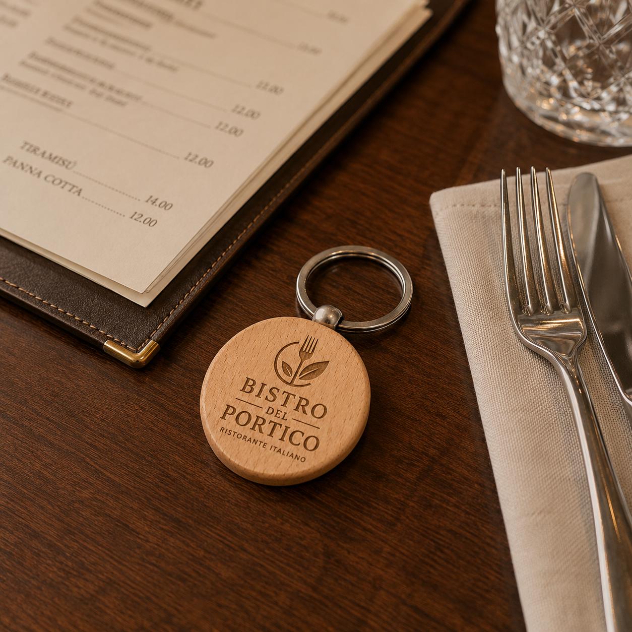 50 Pezzi Portachiavi in Legno Tondo Personalizzato con Logo, Ciondolo Chiavi Circolare per Ristorante Bistro e Bar, Portachiavi Inciso