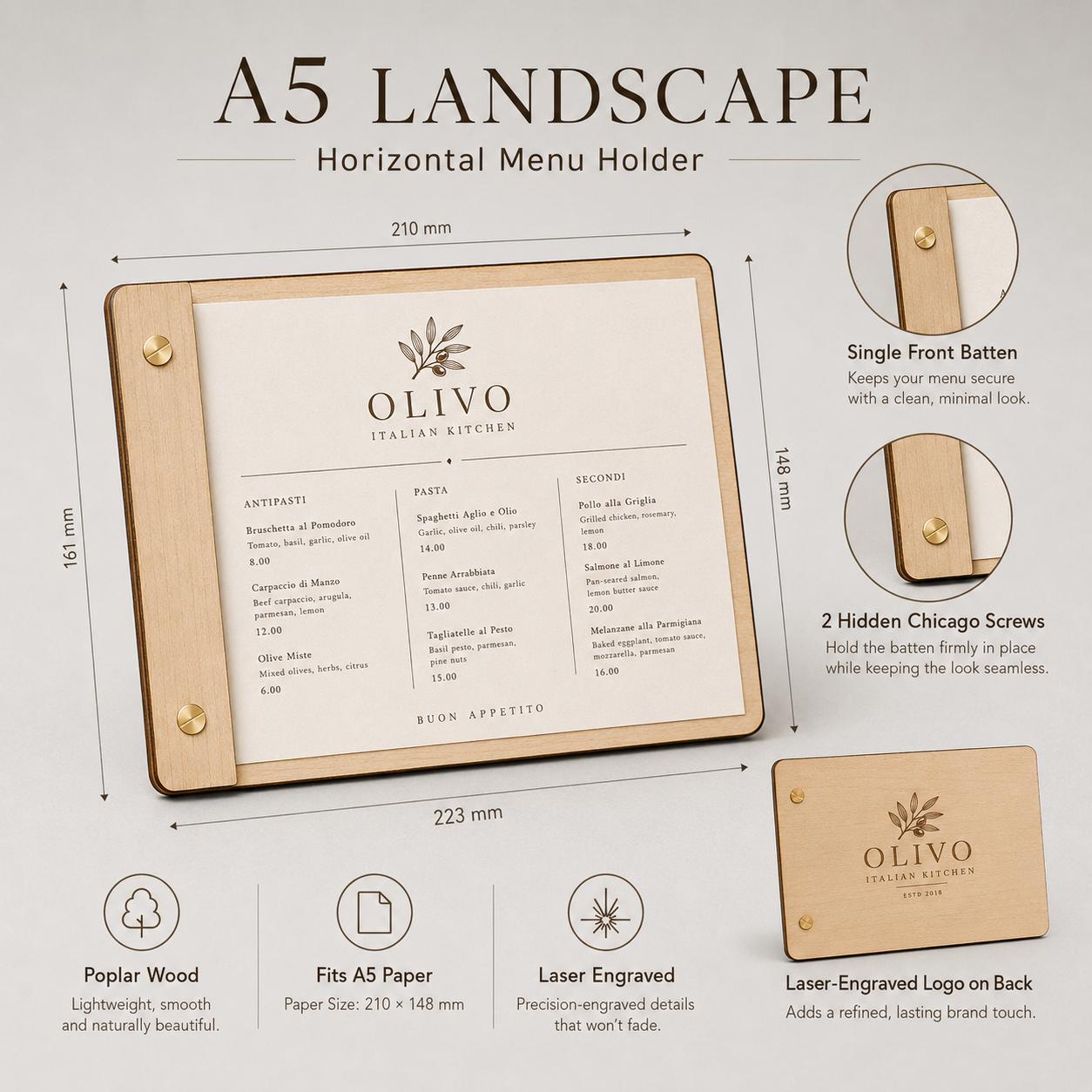 Portamenu in Legno orizzontale ebano Formato A4 a5 Tavoletta per Ristorante Pizzeria e Trattoria, Clipboard Personalizzata Incisione Logo