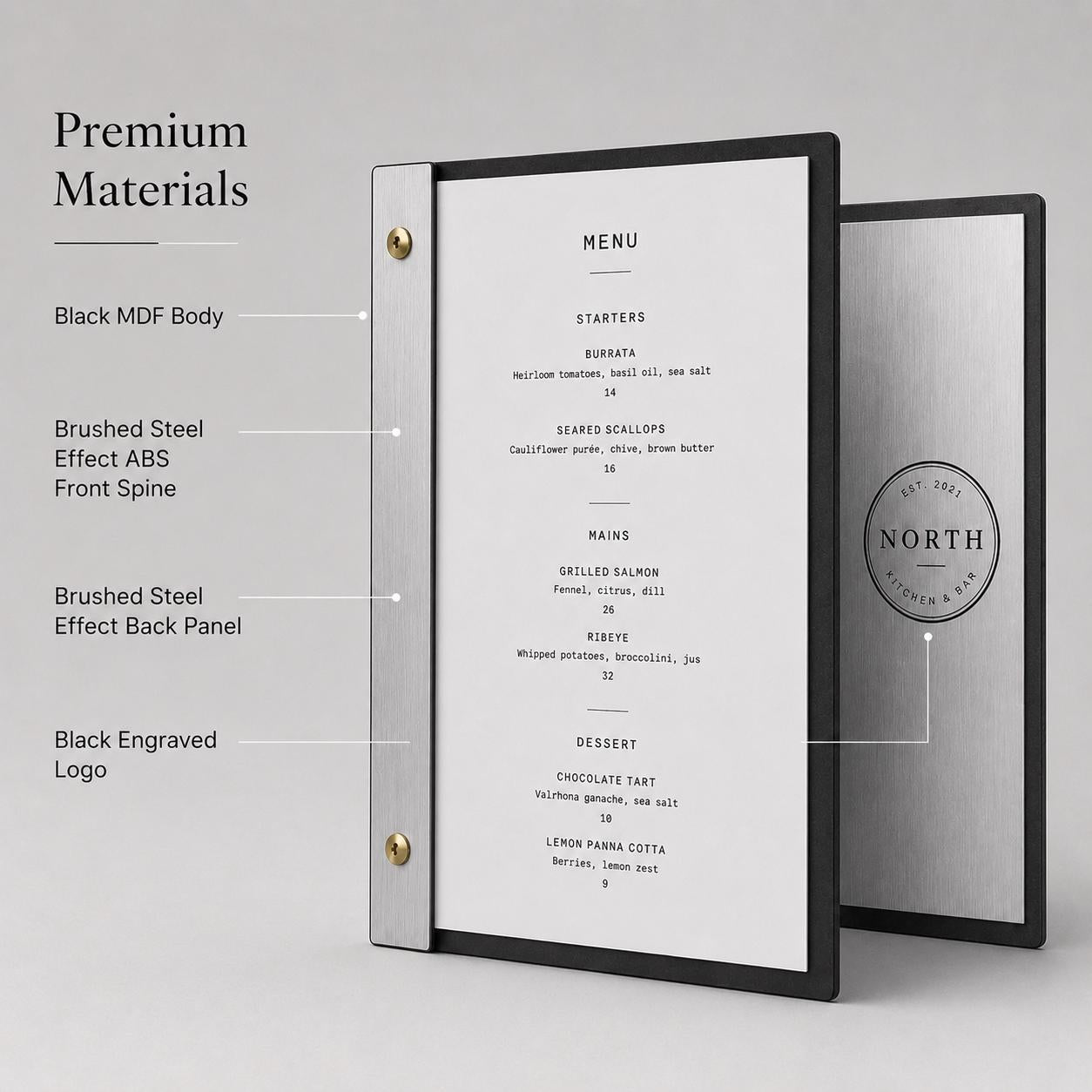 Portamenu luxury effetto ottone spazzolato Formato A4 Tavoletta per Ristorante Pizzeria e Trattoria, Personalizzato Incisione Logo