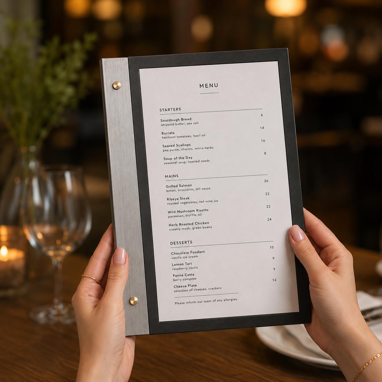 Portamenu luxury effetto acciaio spazzolato Formato A4 Tavoletta per Ristorante Pizzeria e Trattoria, Personalizzato Incisione Logo