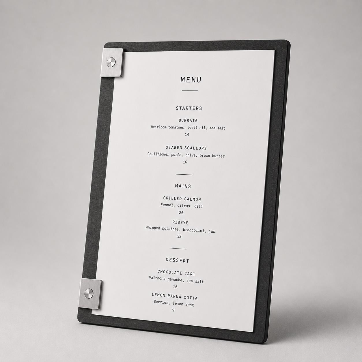 Portamenu design effetto acciaio spazzolato Formato A4 Tavoletta per Ristorante Pizzeria e Trattoria, Personalizzato Incisione Logo