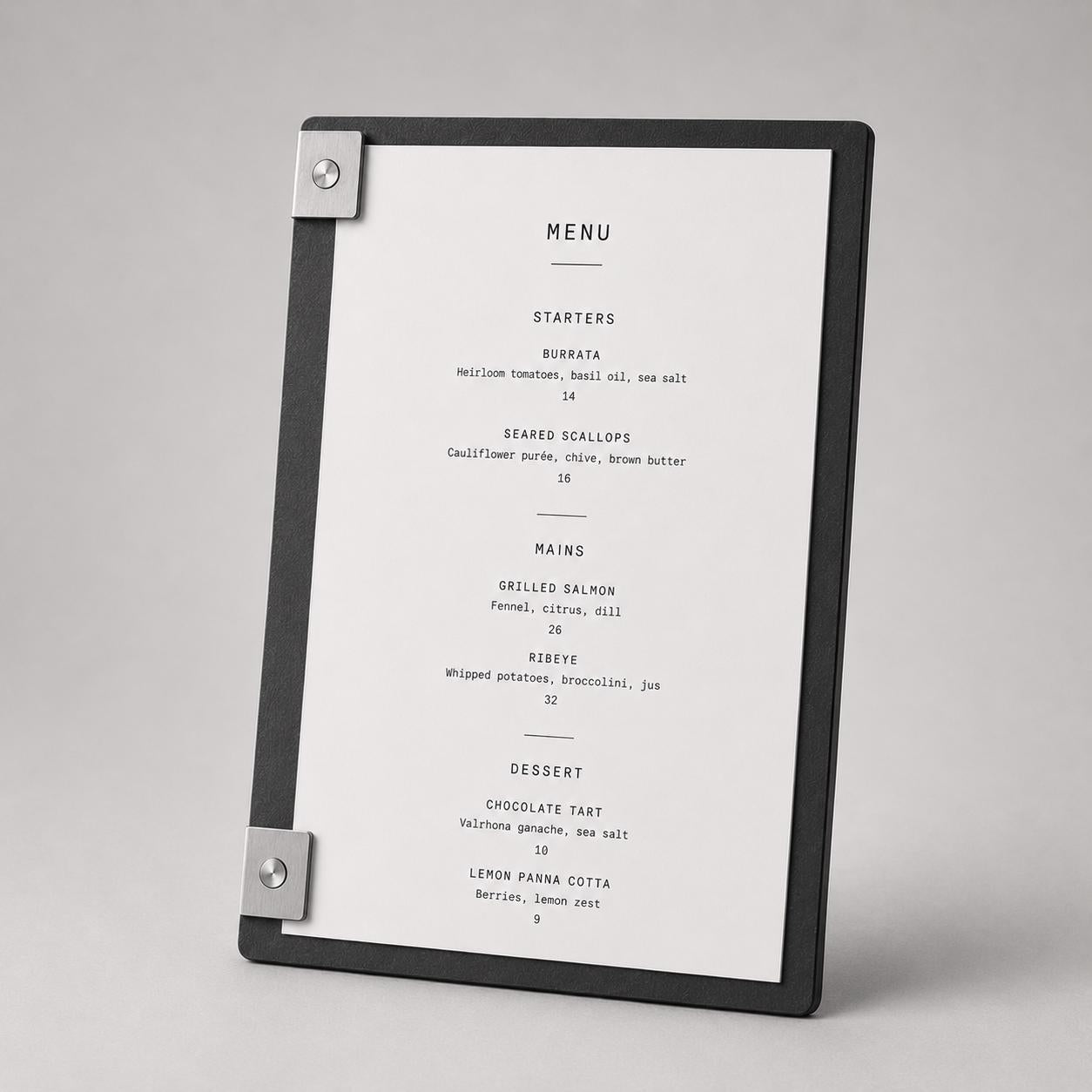 Portamenu design effetto acciaio spazzolato Formato A4 Tavoletta per Ristorante Pizzeria e Trattoria, Personalizzato Incisione Logo