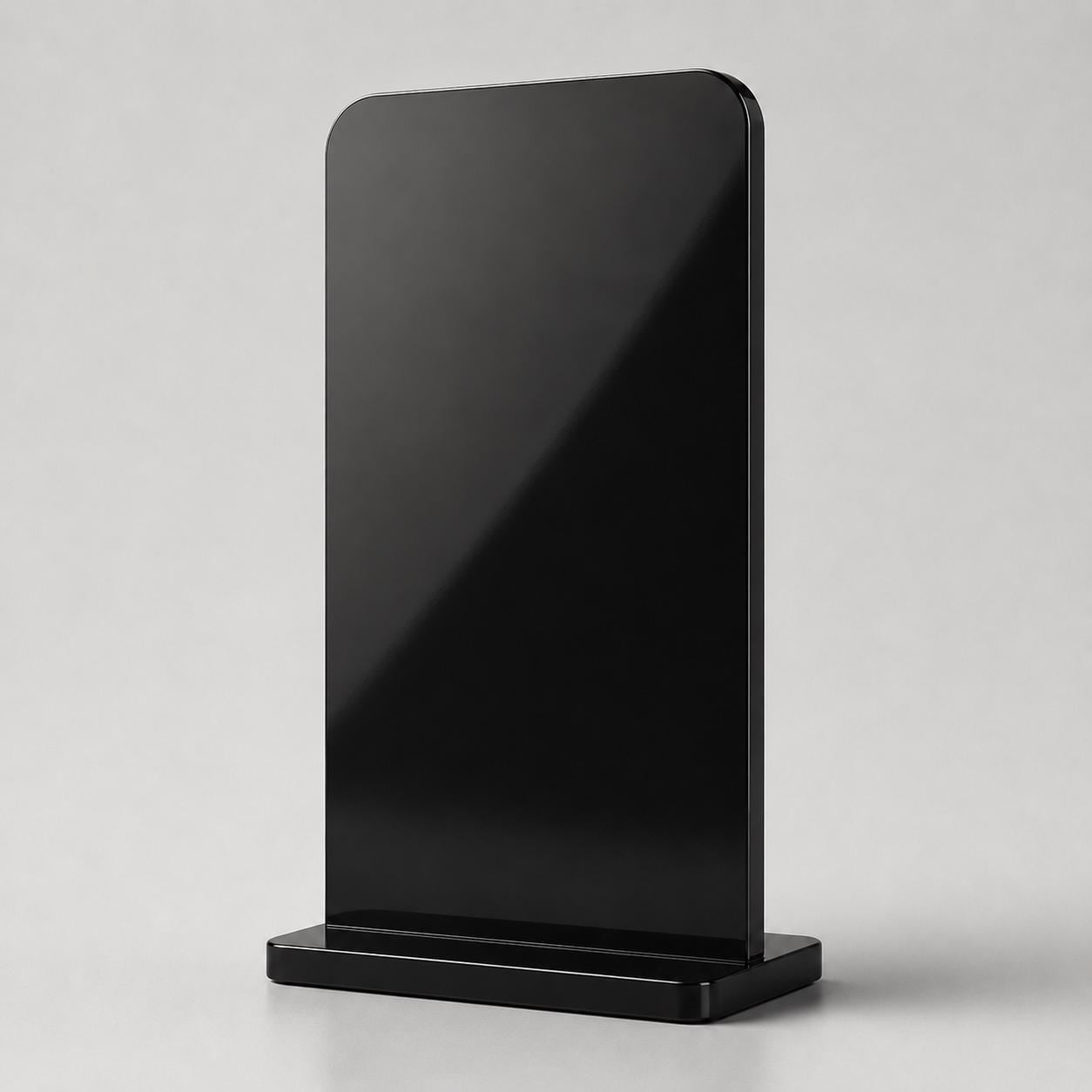 Supporto QR Code da tavolo in plexiglas nero con targhetta acciaio ottone o bianco incisa per ristorante bar hotel