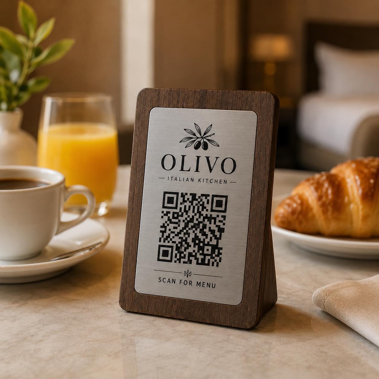 Supporto QR Code da tavolo in plexiglas nero con targhetta ottone o bianco incisa per ristorante bar hotel