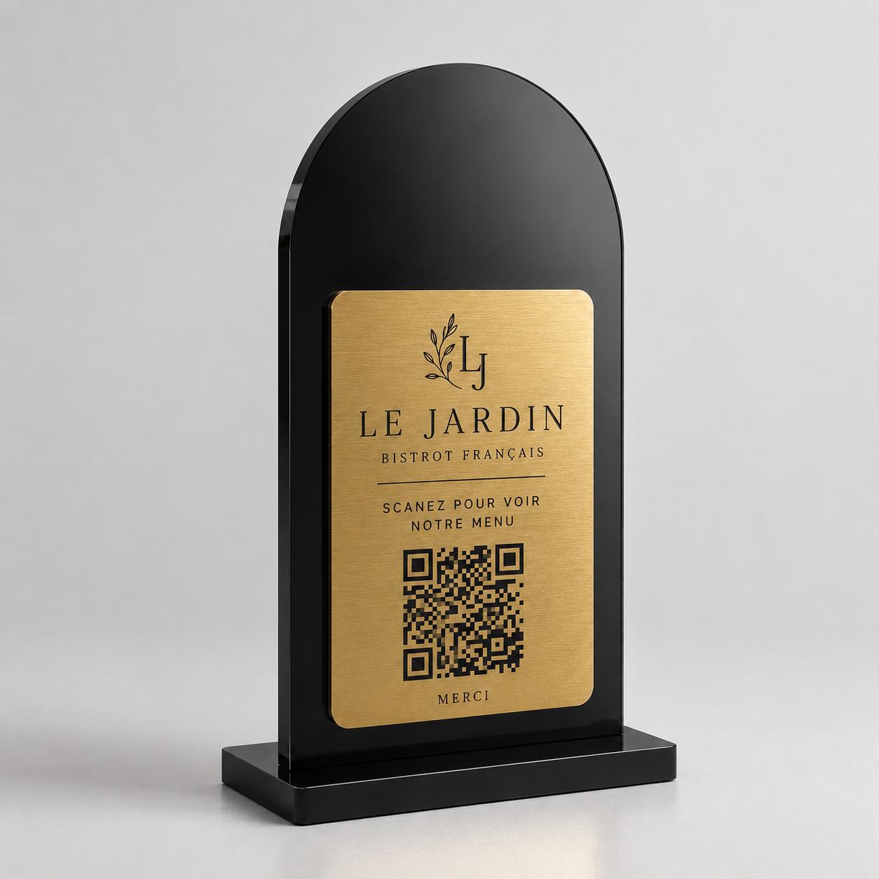 Supporto QR Code da tavolo in plexiglas nero con targhetta ottone o bianco incisa per ristorante bar hotel
