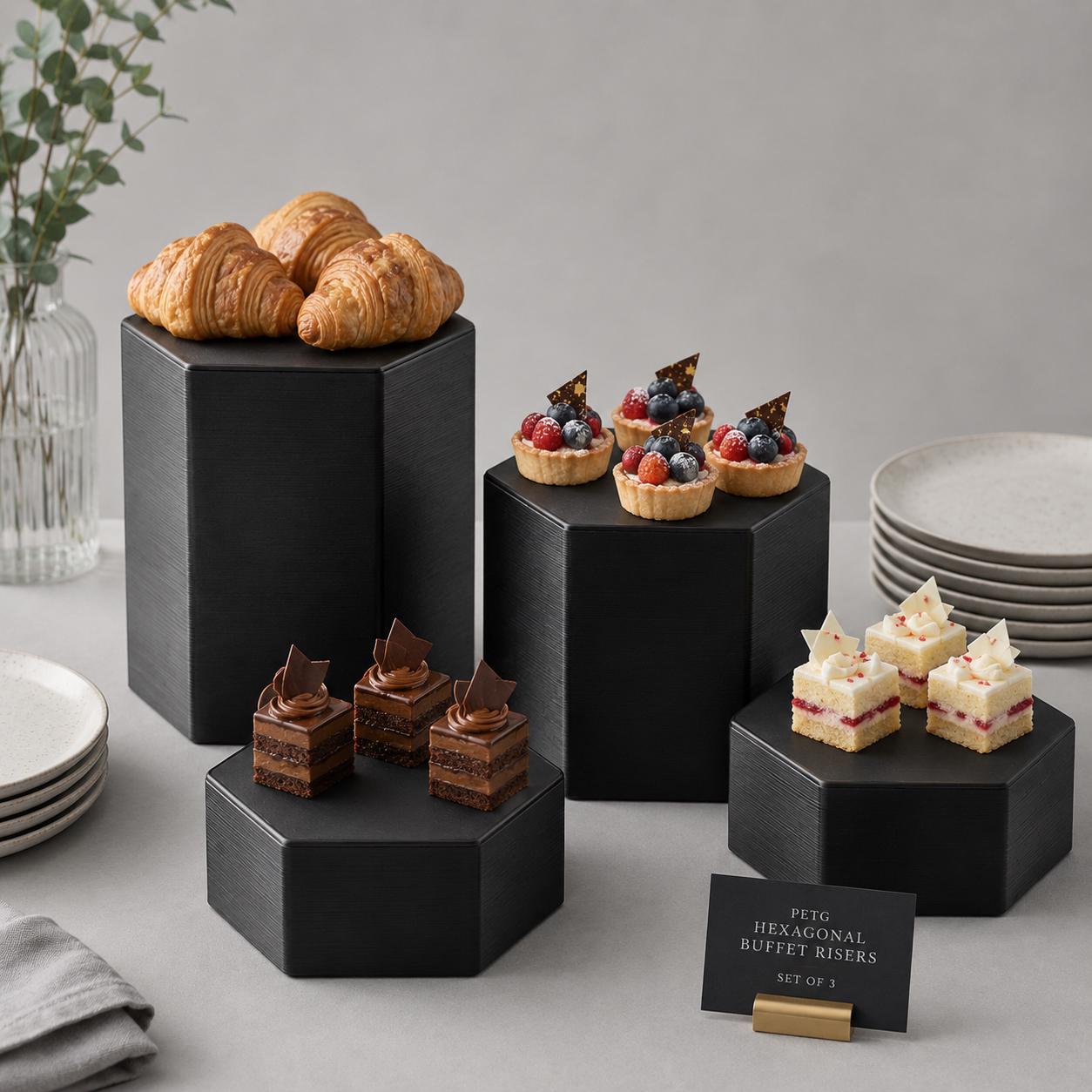 Alzate esagonali in PETG per buffet – espositori modulari per dolci, brioche e tramezzini