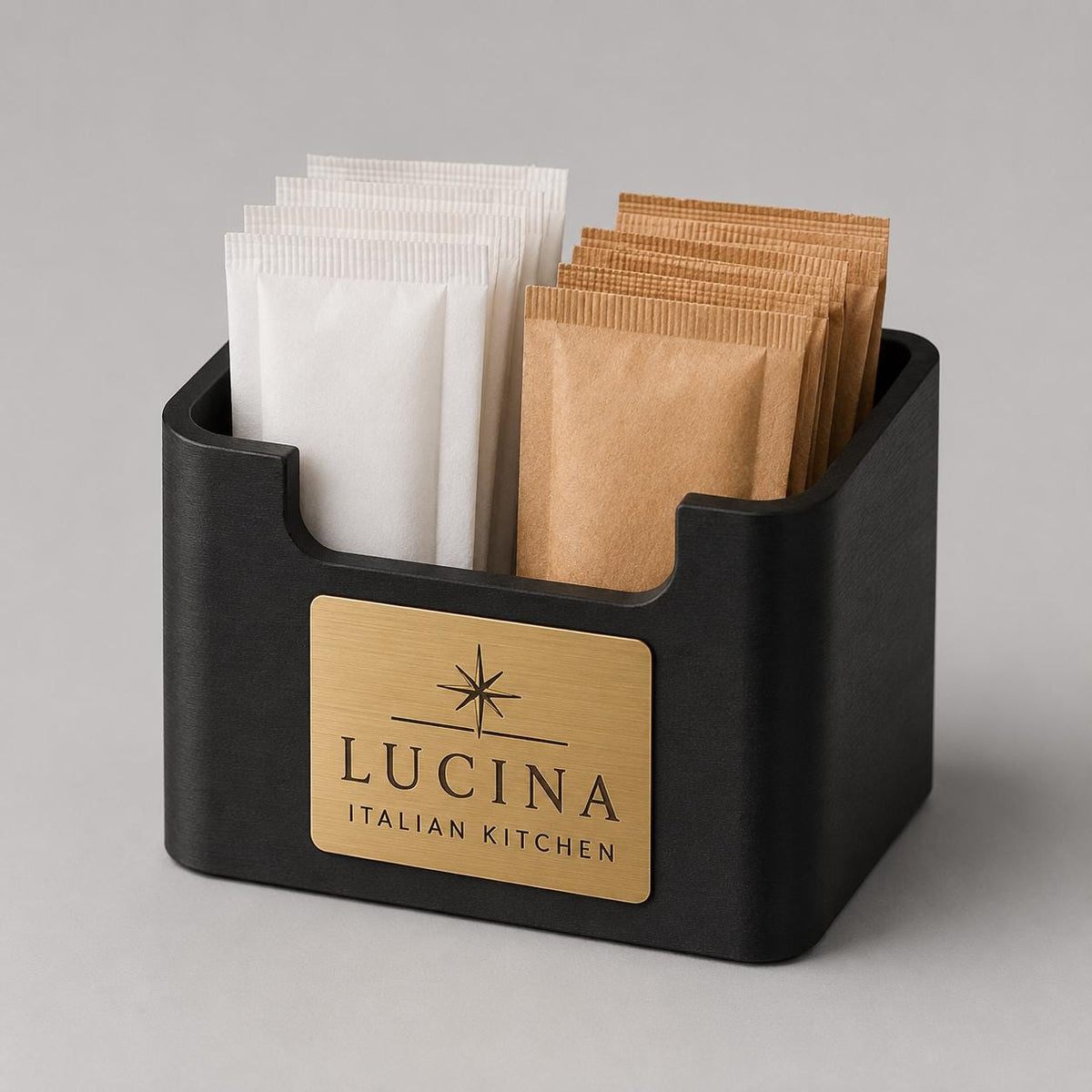 Porta bustine zucchero e tè personalizzato in stampa 3D con targhetta incisa al laser per hotel, bar ristoranti in plastica