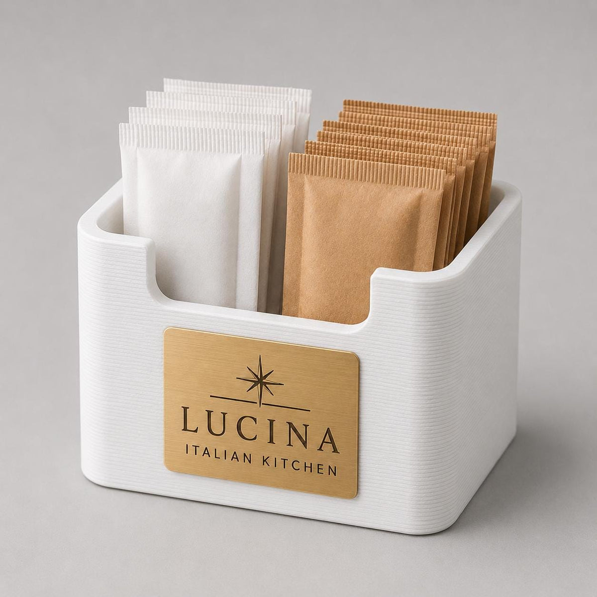 Porta bustine zucchero e tè personalizzato in stampa 3D con targhetta incisa al laser per hotel, bar ristoranti in plastica