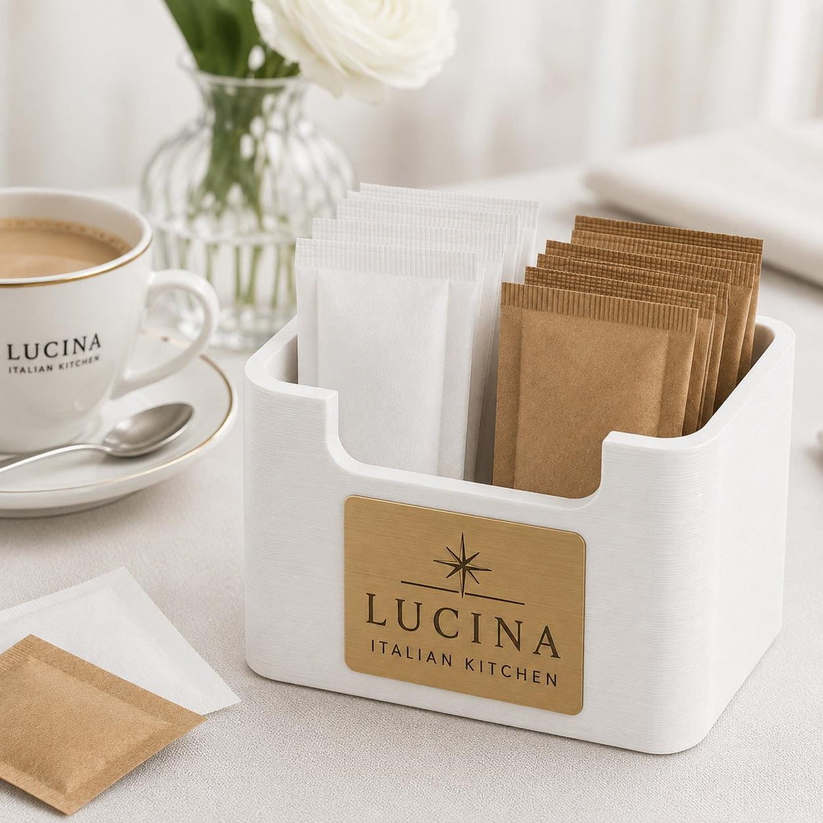 Porta bustine zucchero e tè personalizzato in stampa 3D con targhetta incisa al laser per hotel, bar ristoranti in plastica