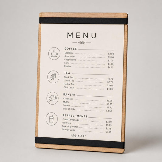 portamenu con elastico A4 in legno scuro per fogli supporto menu inciso, cartella menu ristorante, pannello menu, libro menu, copertina menu