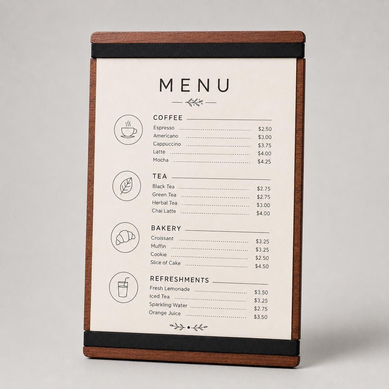portamenu con elastico A4 in legno scuro per fogli supporto menu inciso, cartella menu ristorante, pannello menu, libro menu, copertina menu