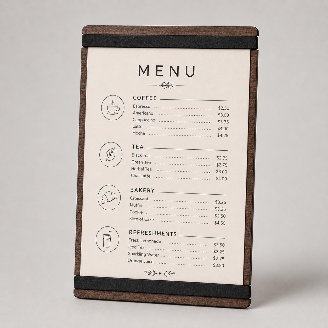 portamenu con elastico A4 in legno scuro per fogli supporto menu inciso, cartella menu ristorante, pannello menu, libro menu, copertina menu