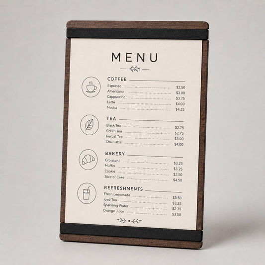 portamenu con elastico A4 in legno scuro per fogli supporto menu inciso, cartella menu ristorante, pannello menu, libro menu, copertina menu