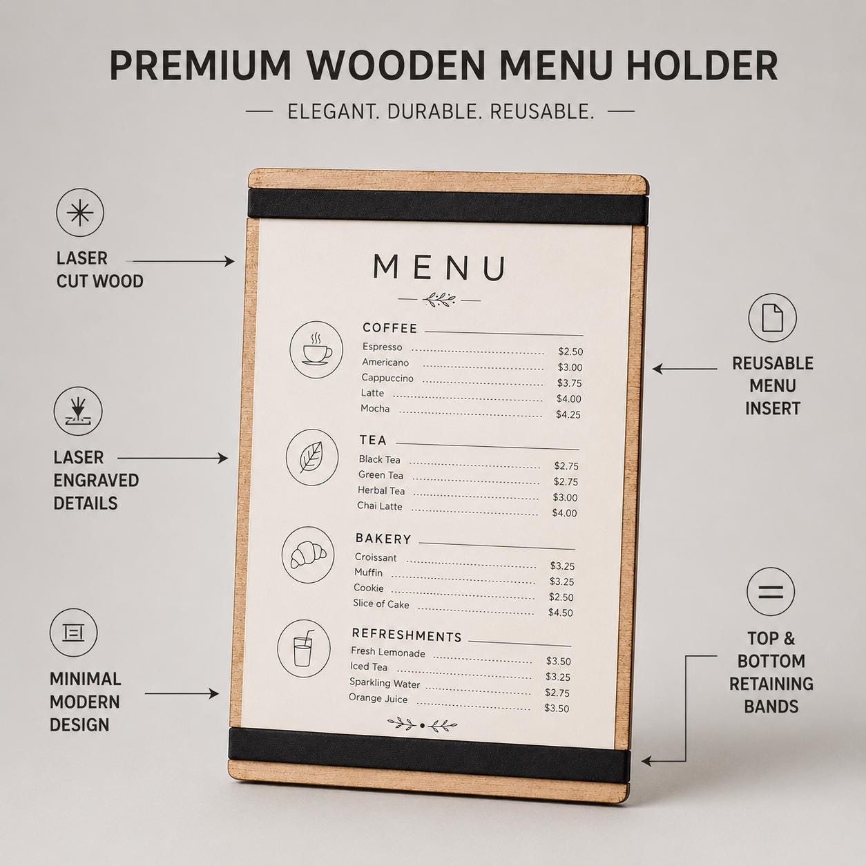 portamenu con elastico A4 in legno scuro per fogli supporto menu inciso, cartella menu ristorante, pannello menu, libro menu, copertina menu