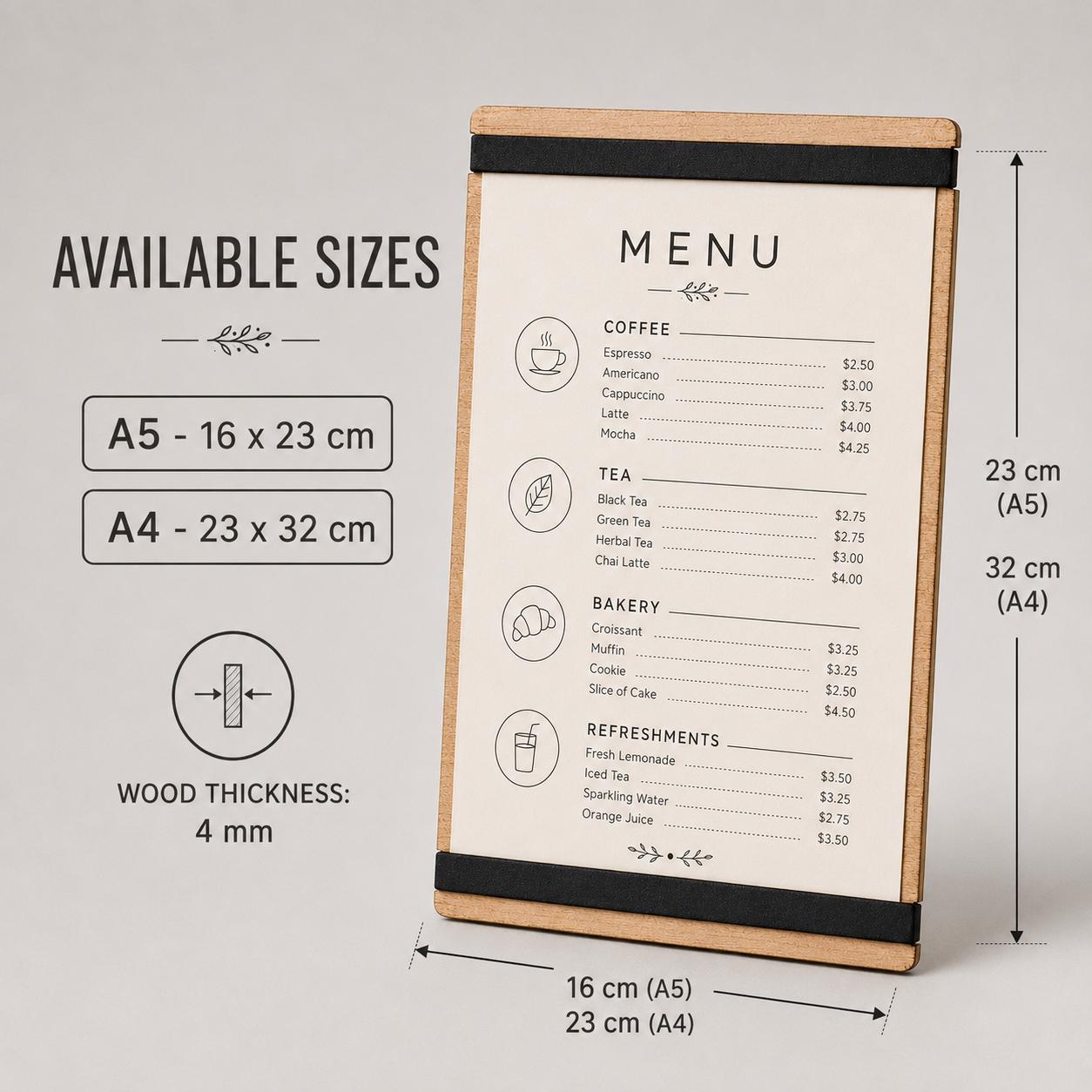 portamenu con elastico A4 in legno scuro per fogli supporto menu inciso, cartella menu ristorante, pannello menu, libro menu, copertina menu