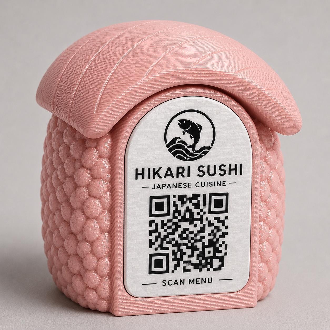 Porta Menu QR Code sushi nigiri Personalizzato, Espositore 3D per Tavoli Ristorante e Bar, Segnatavolo con Incisione Logo, Supporto Moderno
