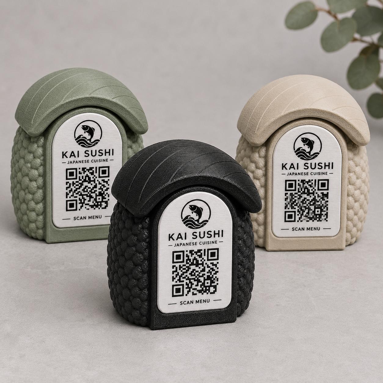 Porta Menu QR Code sushi nigiri Personalizzato, Espositore 3D per Tavoli Ristorante e Bar, Segnatavolo con Incisione Logo, Supporto Moderno