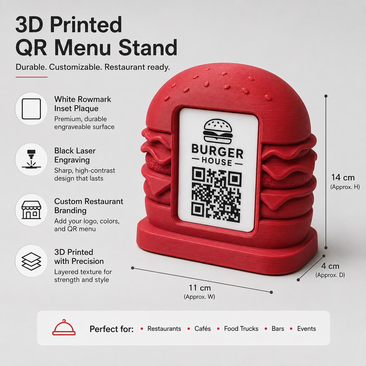 Porta Menu QR Code hamburger Personalizzato, Espositore 3D per Tavoli Ristorante e Bar, Segnatavolo con Incisione Logo, Supporto Moderno
