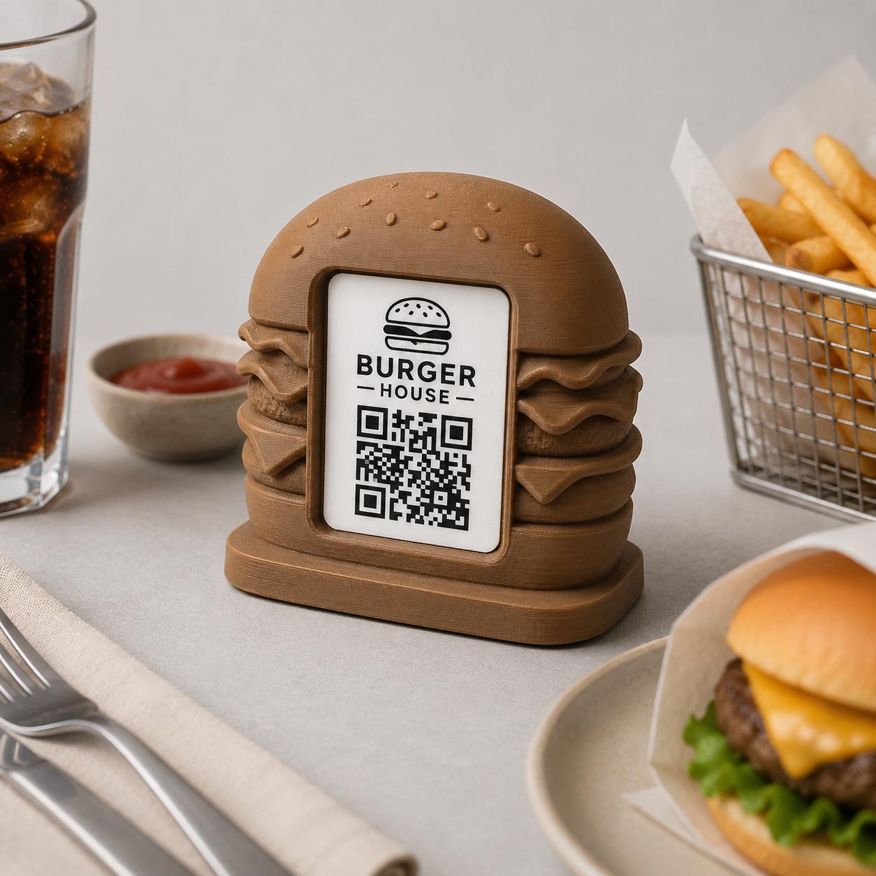 Porta Menu QR Code hamburger Personalizzato, Espositore 3D per Tavoli Ristorante e Bar, Segnatavolo con Incisione Logo, Supporto Moderno